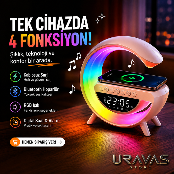 RGB Işıklı Kablosuz Şarjlı Bluetooth Hoparlörlü Dijital Çalar Saat