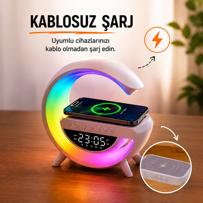 RGB Işıklı Kablosuz Şarjlı Bluetooth Hoparlörlü Dijital Çalar Saat