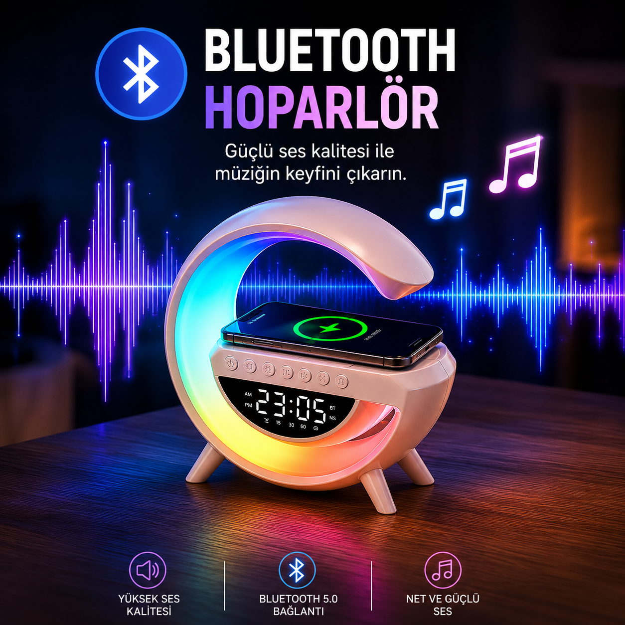 RGB Işıklı Kablosuz Şarjlı Bluetooth Hoparlörlü Dijital Çalar Saat