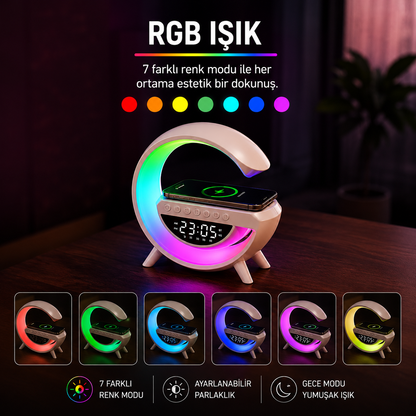 RGB Işıklı Kablosuz Şarjlı Bluetooth Hoparlörlü Dijital Çalar Saat