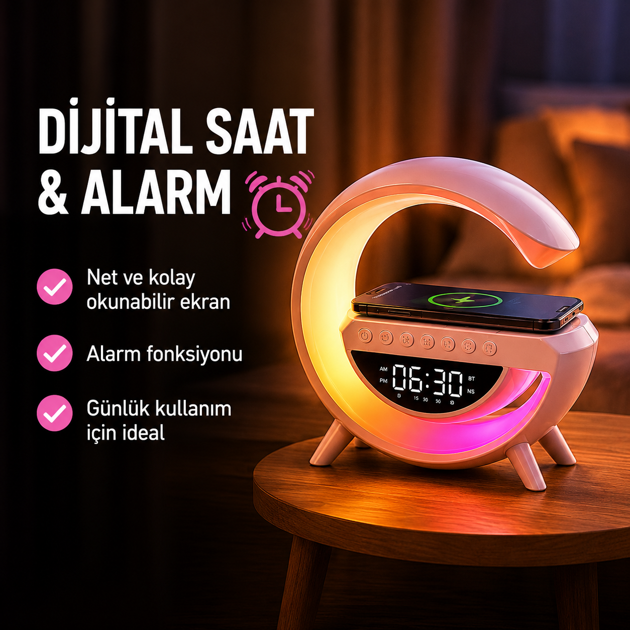 RGB Işıklı Kablosuz Şarjlı Bluetooth Hoparlörlü Dijital Çalar Saat