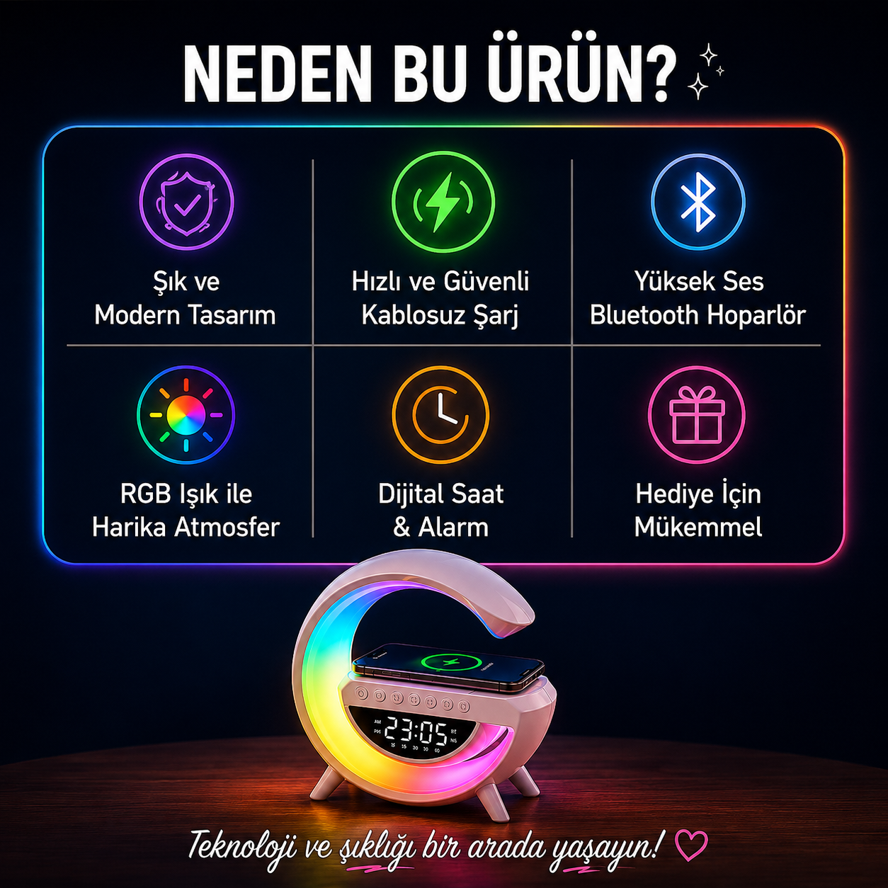 RGB Işıklı Kablosuz Şarjlı Bluetooth Hoparlörlü Dijital Çalar Saat